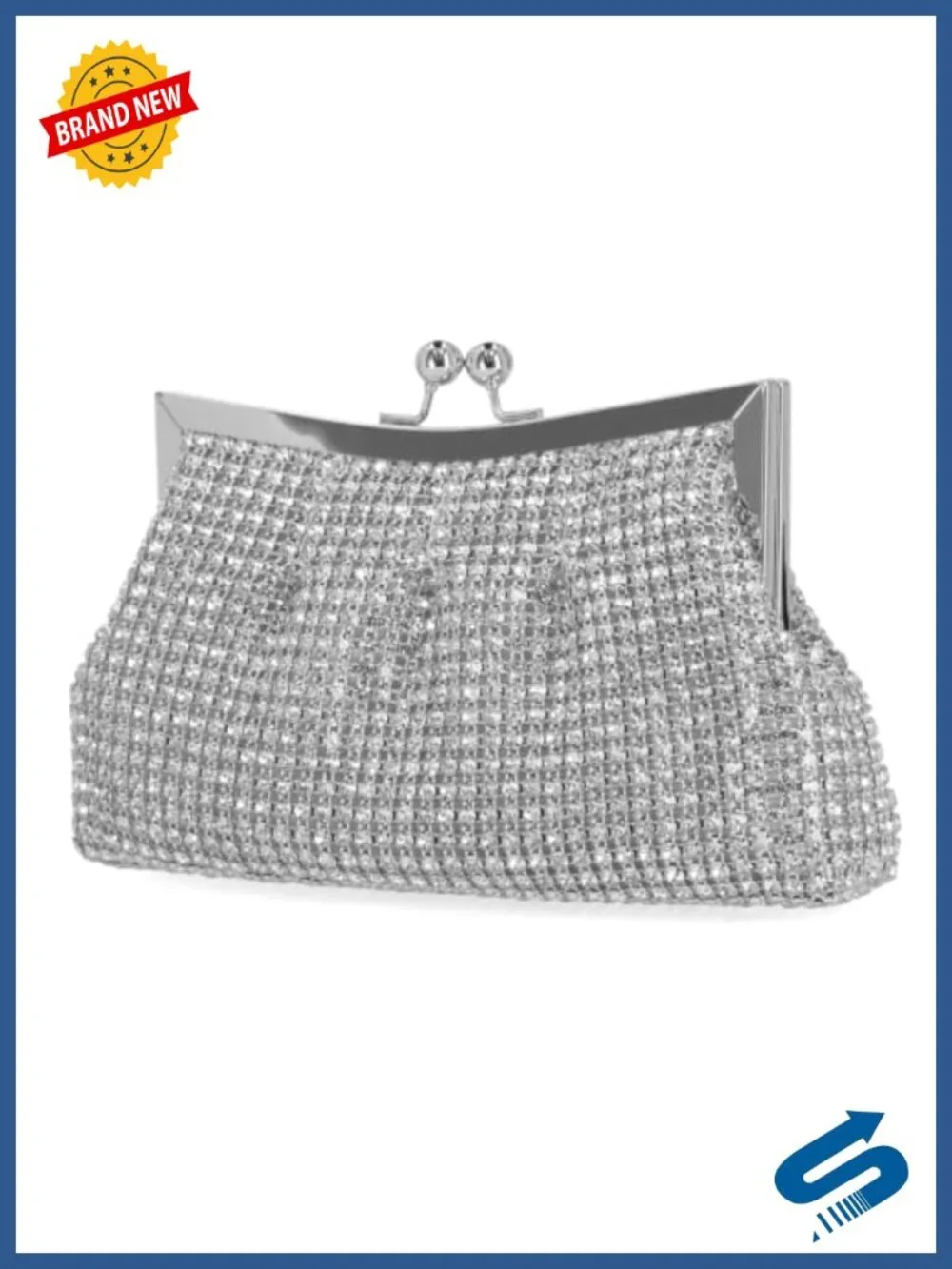 Rhinestone Evening Clutch Kiss Lock Faux Leather Purse Detachable Strap